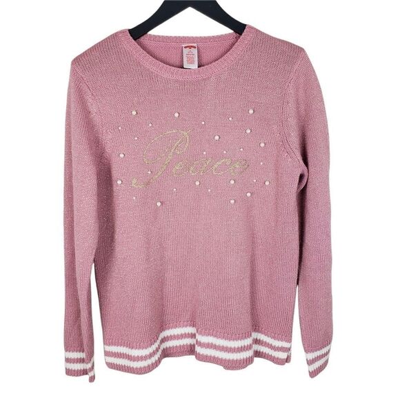 Holiday Time Bubblegum Pink Gold Glitter "Peace" Christmas Sweater - Picture 1 of 5